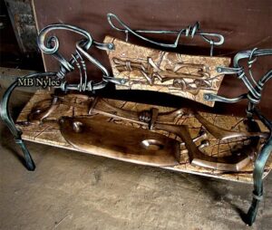 Steel, Marble and Carved Wood Bench