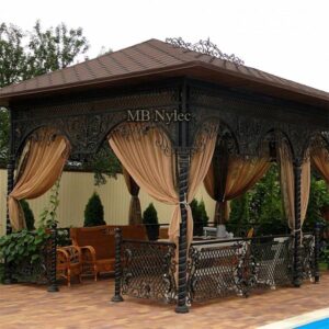 Gazebo with metal roof and curtains