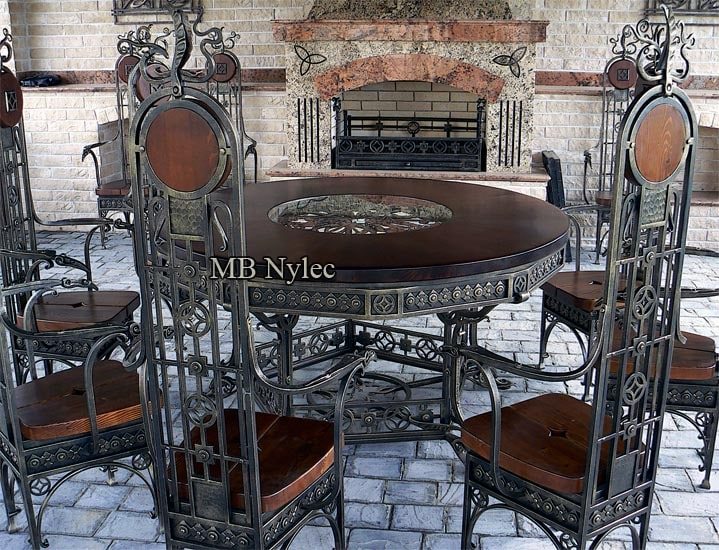 Forged castle dining set MK29 with high-backed chairs and a round table by a fireplace