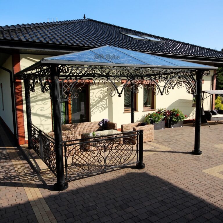 Exclusive wrought iron gazebo with a glass roof on a terrace by a house