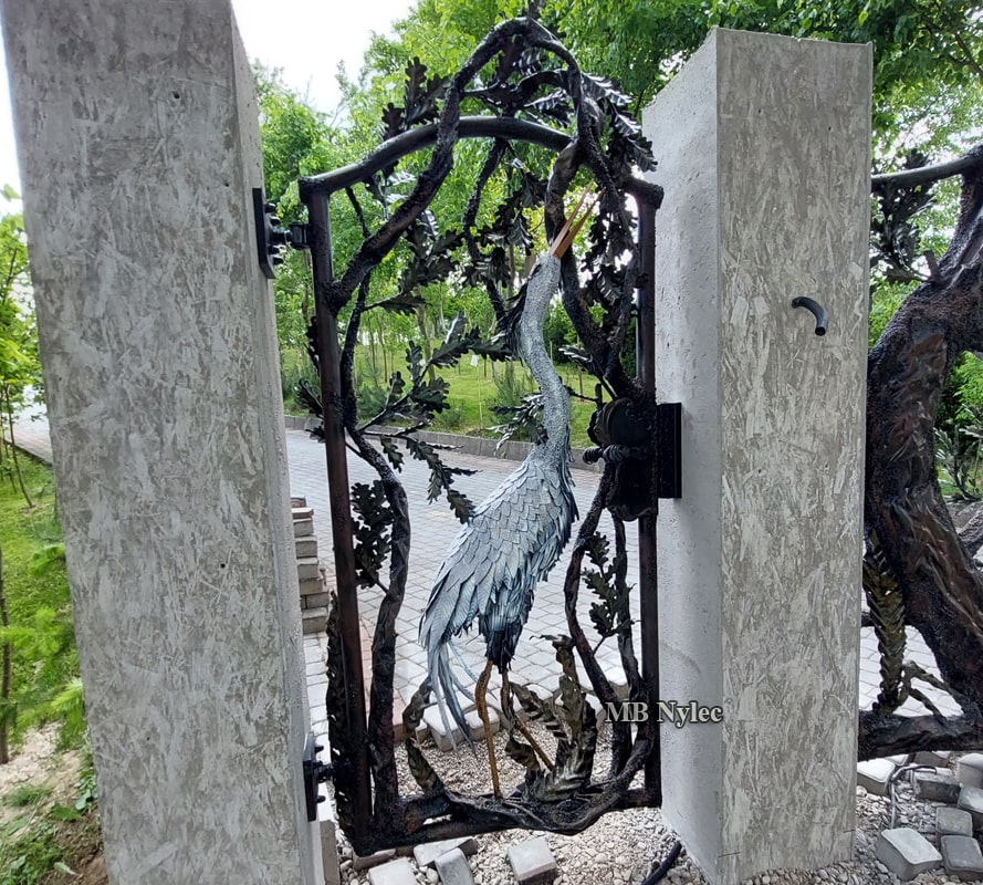 Garden Gate with Heron Sculpture