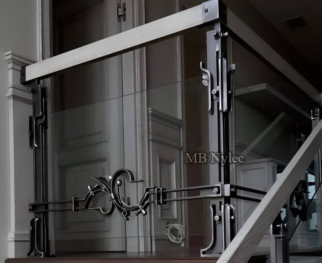 Modern loft balustrade BA69 of steel and glass with a small forged scroll accent