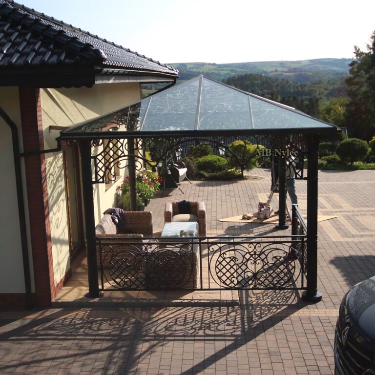 Metal gazebo with a laminated glass roof seen from the side