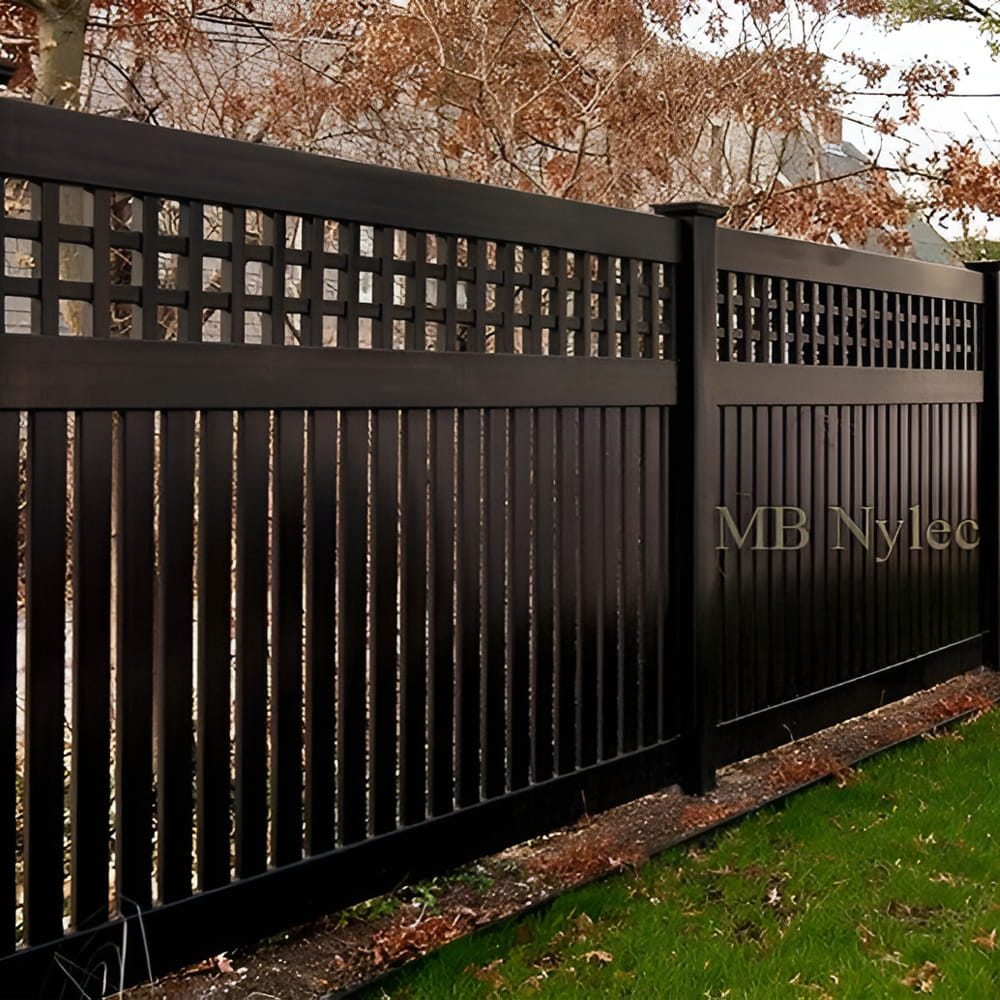 Massive modern steel fence BP221 with close-set uprights and a square lattice top band