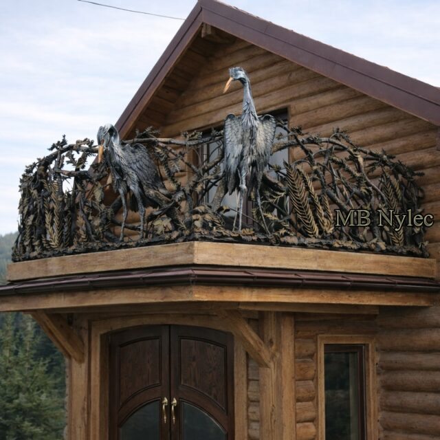 Natural-style forged railing with steel herons on a log house balcony