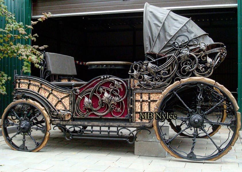 Forged open carriage PP1 with a folding hood, red upholstery and spoked wheels