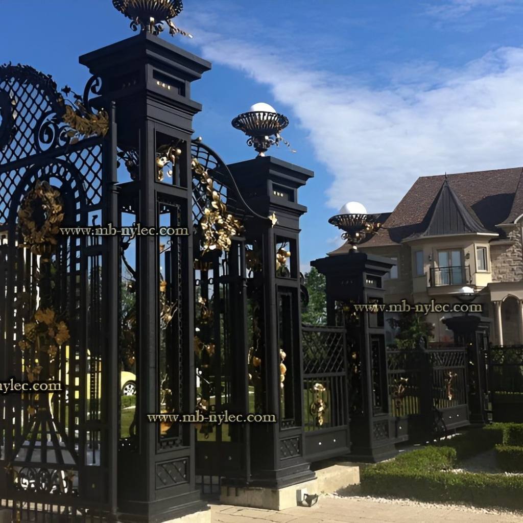 Palace fence BP51 with a vase-topped openwork pole in front of a residence