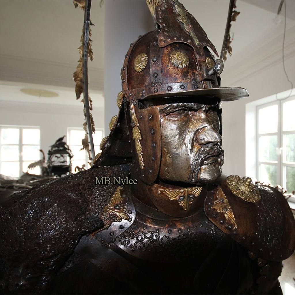 Close view of the helmet and armour of the steel Polish hussar figure Z89