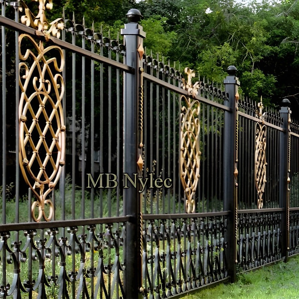 Tall forged fence BP216 for a residence with gilded oval ornaments and a scrolled base band