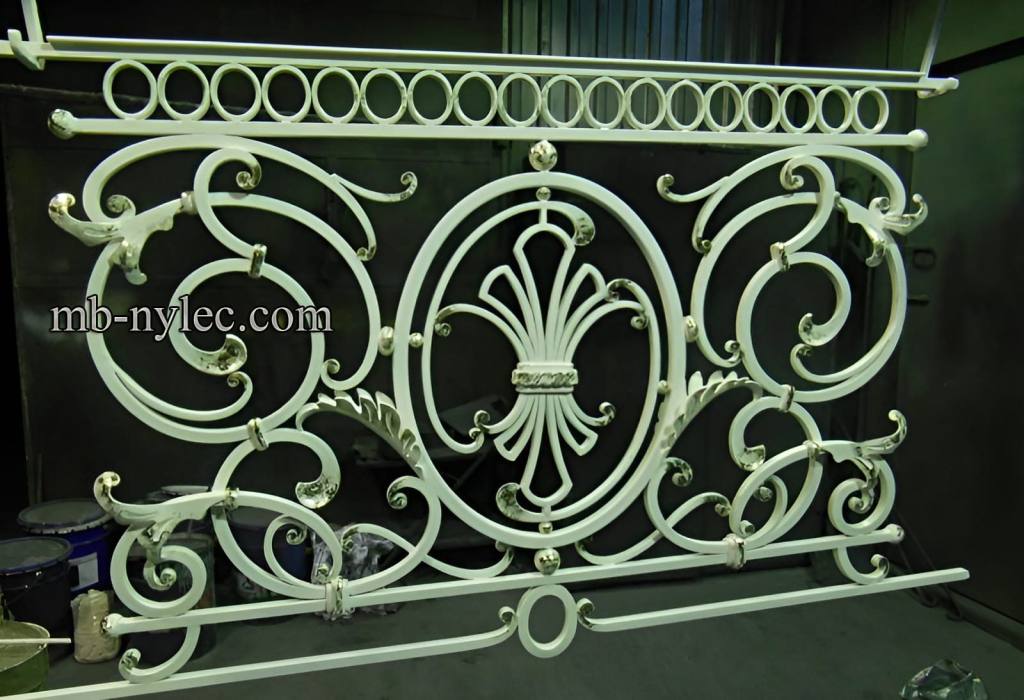 White forged railing panel BA64 with large scrolls, an oval centre and gold accents