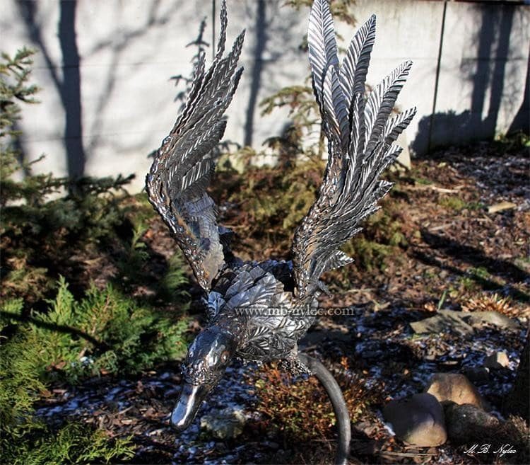 Steel wild duck Z6 taking off among garden stones